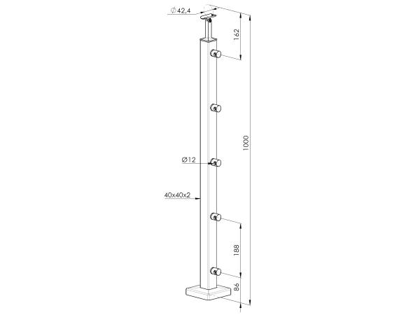 Edelstahl Geländerpfosten eckig 40x40 Bauhöhe 1000mm mit 5x Querstabhalter Ø12,0 Geländer V2A geschliffen K320